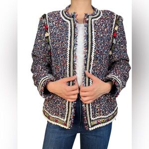 Zara Woman Tweed Blazer multicolored tasseled pompoms mirror Size M